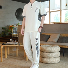 风男装夏季冰丝弹力短袖开衫套装男汉服套装，男装休闲套装，星座1206（原A206）