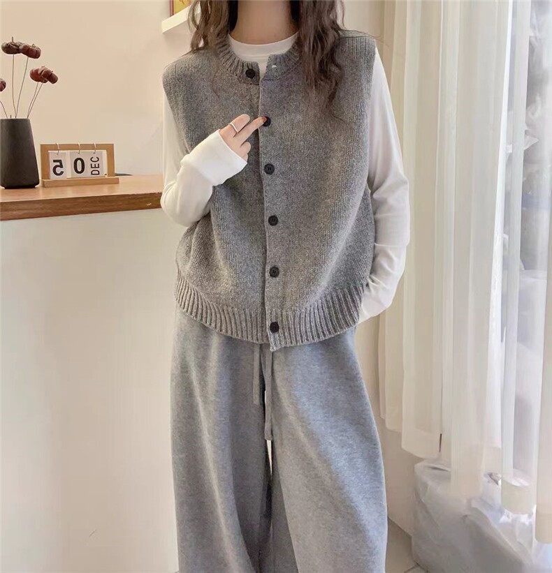 灰色圆领毛衣马甲女开衫秋冬新款羊毛百搭叠穿坎肩针织背心上衣,针织衫/毛衣,浩新羊绒