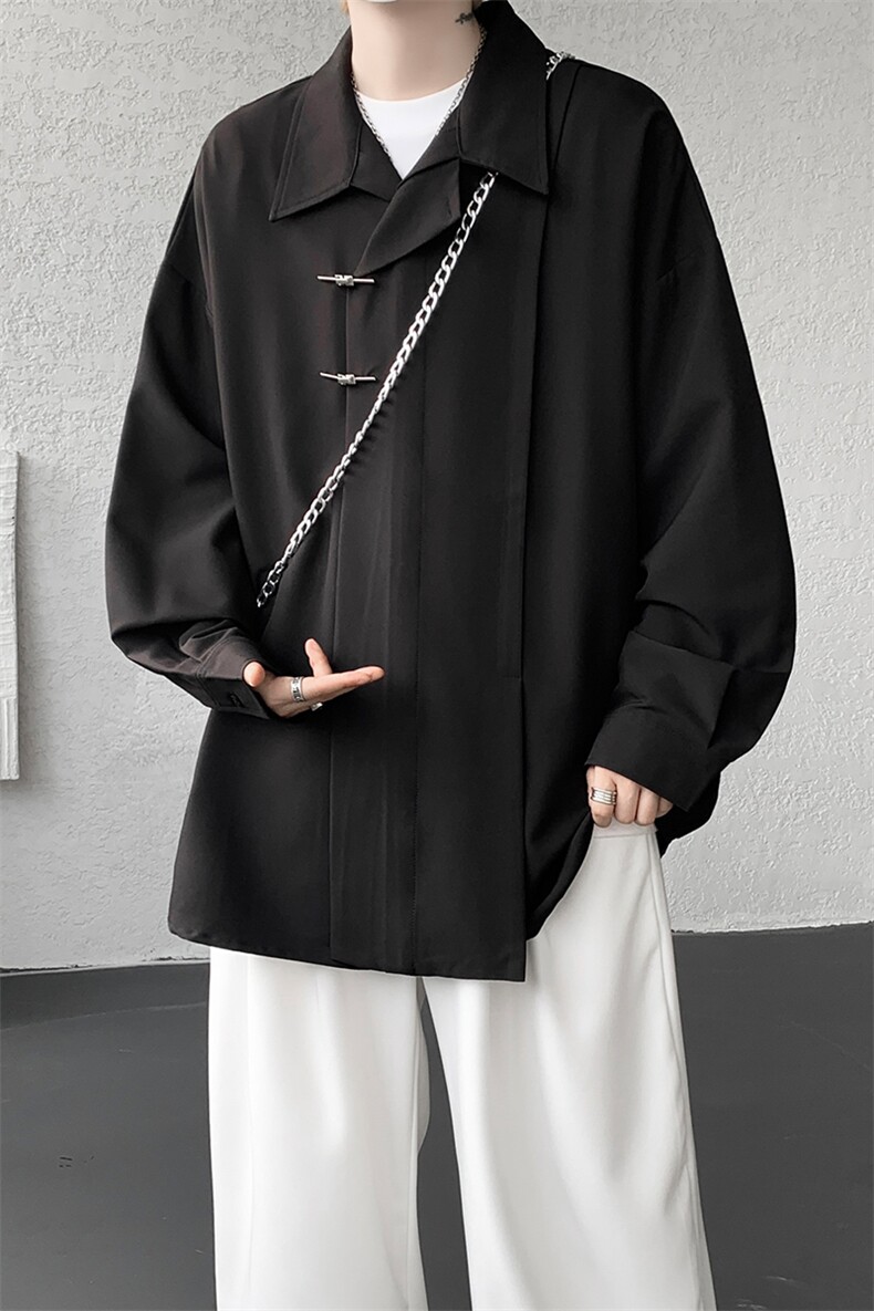 8XL-M风新中式黑色翻领长袖衬衫男秋季休闲衬衣痞帅CS537P58,男装衬衫,电商D206-1