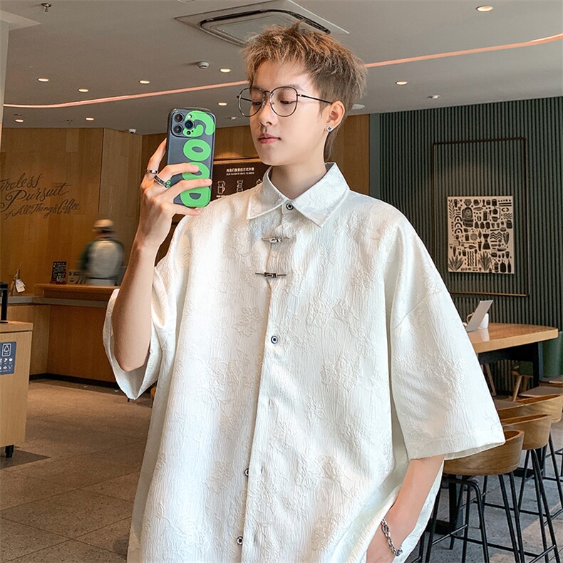 新中式绣花提花短袖衬衫港风休闲T恤P35-控48，男装T恤，星座907