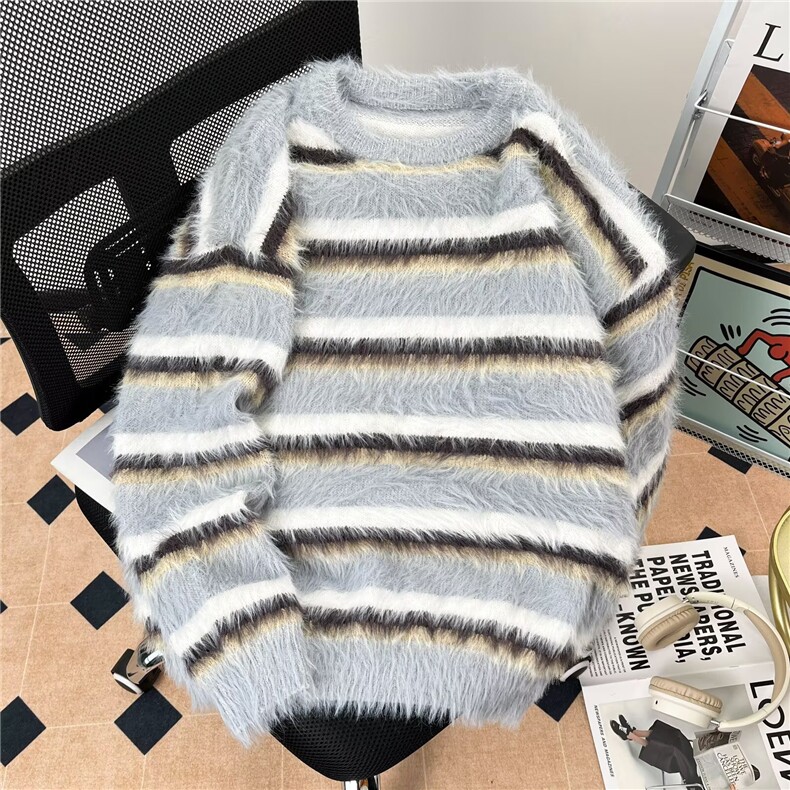 条纹毛衣情侣款秋季复古慵懒风宽松针织衫2410P53，男装针织衫/毛衣，星座410-2