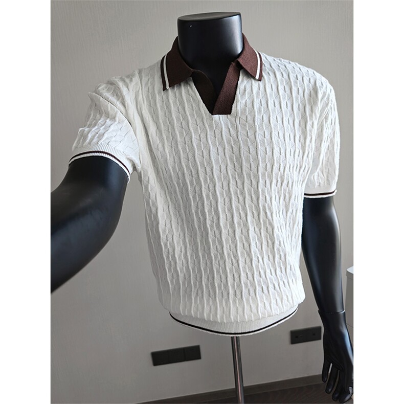 盗图老钱风海鸥领提花撞色冰丝针织短袖POLO衫H91048/P58控88，男装T恤，电商A243