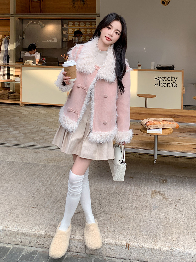 现货主推皮毛一体加厚粉色翻领210-6361-P195-K288公主风,女装羊羔毛/颗粒绒,韩蜜菓