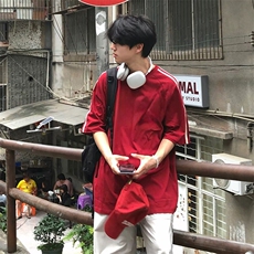抖音得物高品质二开240克宽松纯棉美式潮牌三条杠织带短袖T恤，男装T恤，电商A486-1