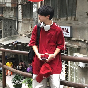 抖音得物高品质二开240克宽松纯棉美式潮牌三条杠织带短袖T恤图片