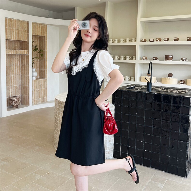 小个子白色T恤黑色背带裙两件套2025夏季新款蕾丝洋气减龄两件套,女装套装/套裙,2C122