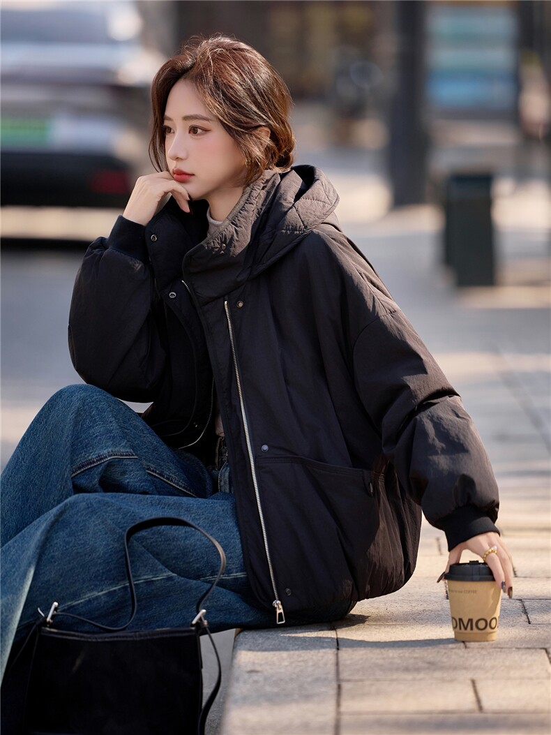 填充棉羊毛黑色保暖厚棉服女2026冬季新款连帽气质百搭设计感外套,女装棉衣/棉服,梦懿尔