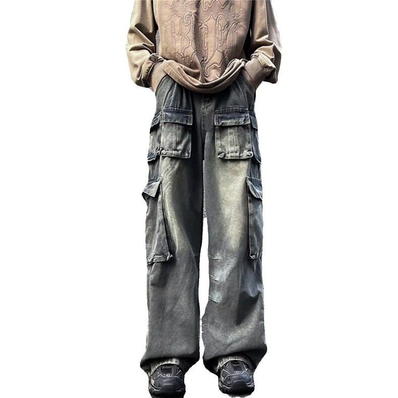 多口袋工装牛仔裤男痞帅水洗做旧潮宽松阔腿裤男网图NZK362-P68,男装牛仔裤,星座302B-2