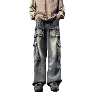 多口袋工装牛仔裤男痞帅水洗做旧潮宽松阔腿裤男 网图NZK362-P68图片
