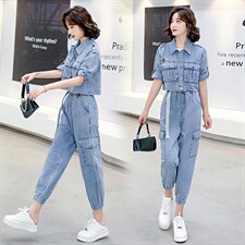 2022夏季新款简约气质减龄翻领个性复古牛仔两件套，女装套装/套裙，魅影