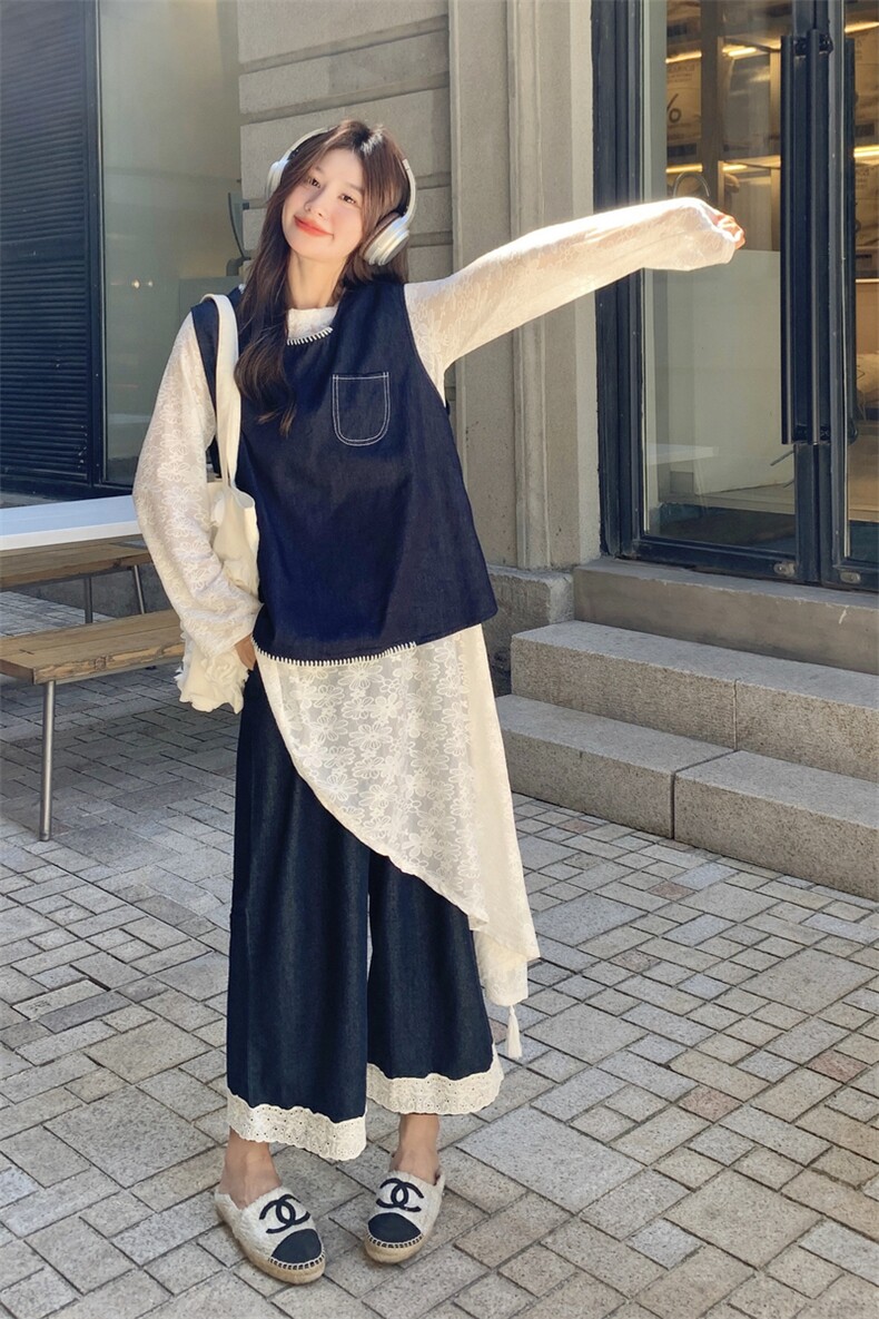 牛仔马甲阔腿裤不规则蕾丝打底衫三件套女2025秋新款氛围感一整套,女装套装/套裙,2C133