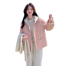 两面穿羊羔毛外套女加厚设计感2024新款小个子摇粒绒菱格连帽棉服，女装羊羔毛/颗粒绒，浙宝203