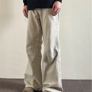 美式复古拼接宽松直筒工装裤男潮牌高街褶皱设计感阔腿长裤NZ49图片