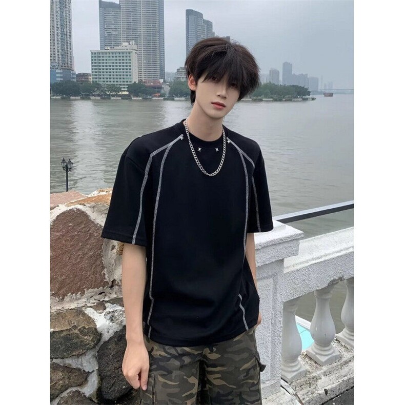 解构正肩短袖男款夏季设计感小众铆钉t恤美式高街痞帅半袖 TX75图片