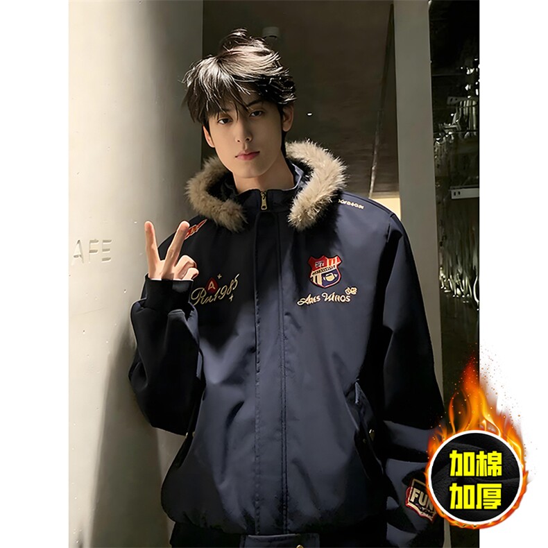 现货高品质美式高街重磅刺绣座山雕大毛毛领棉衣男女加厚棉服外套，男装棉衣，电商A443