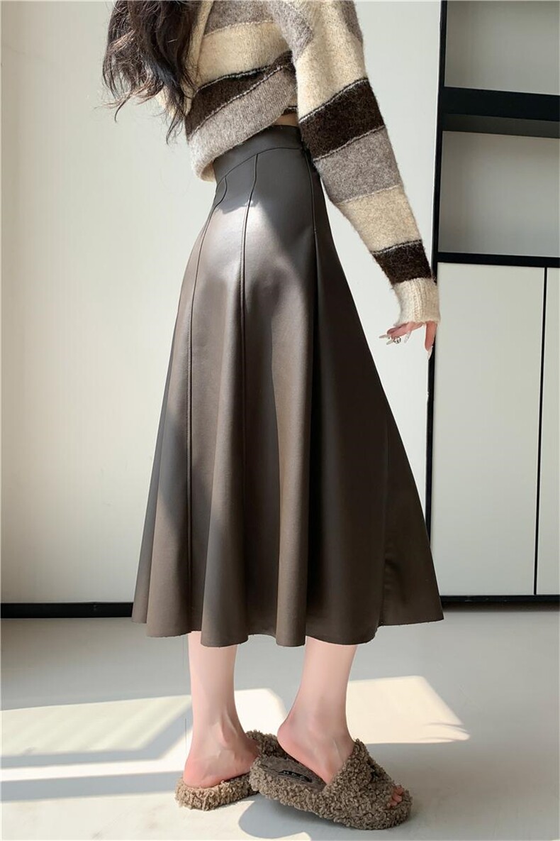 高级感PU皮裙女士秋季a字半身裙2024新款长裙伞裙中长款裙子,女装半身裙,梦白服饰厂