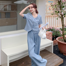夏季阔腿裤短袖衬衫时尚两件套女，女装套装/套裙，秋水欣儿