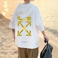 LD54127-P45连帽短袖t恤男大码胖子带帽五分袖中袖，男装T恤，电商A040