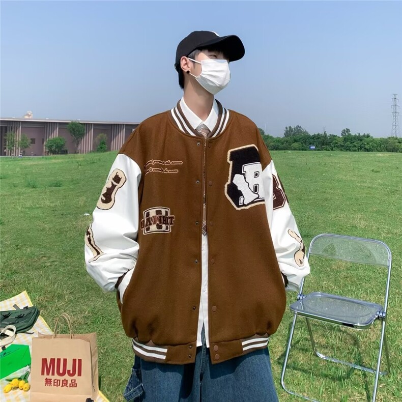 美式复古刺绣拼接新款春秋宽松bf慵懒风男女情侣棒球服W6003-P55，女装职业装，星座412-3