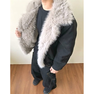 现货重磅硬挺boxy羽绒棉衣座山雕大毛毛领洗水麂皮棉服冬外套图片