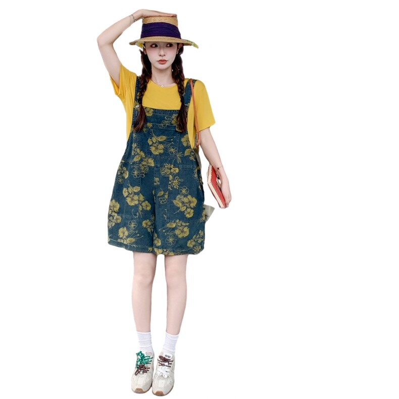 小众设计感复古鬼马少女印花牛仔背带裤纯色T恤遮肉2025夏季套装,女装套装/套裙,2B237