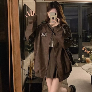 美式复古刺绣皮夹克高街时尚小众春秋季街头飞行员外套棒球领潮图片