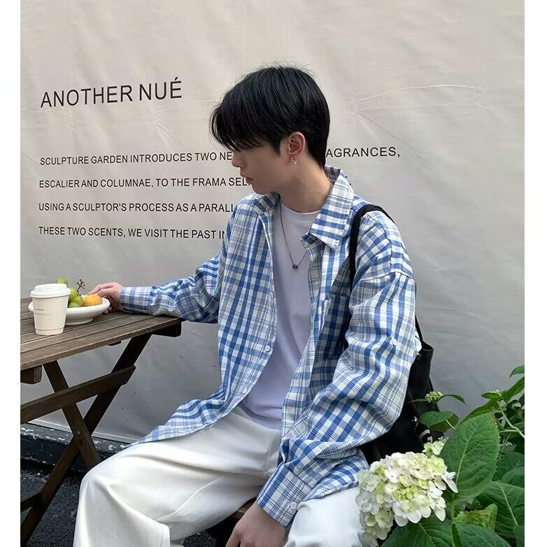 K411-P36格子衬衫男长袖衬衣帅气百搭潮流2025春秋季帅气港风,男装衬衫,电商B323A