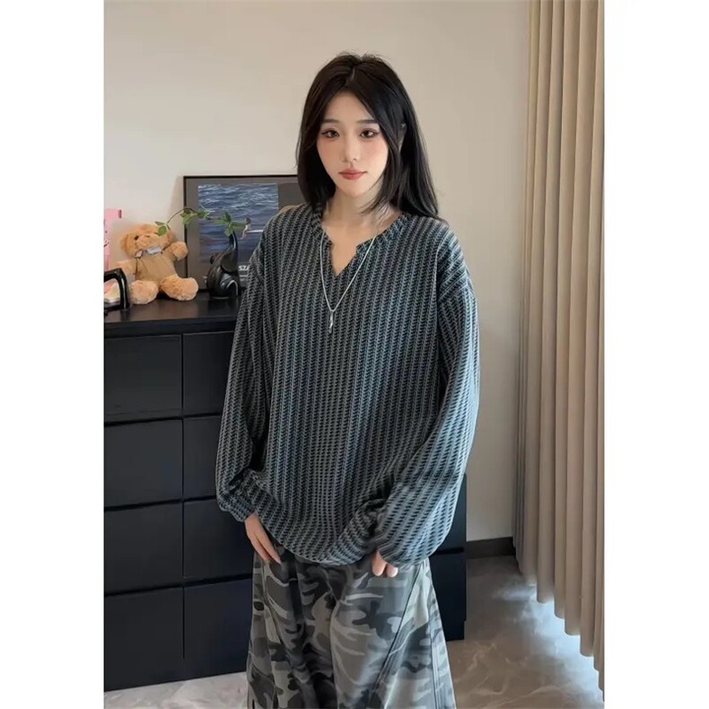 网络图现货小香风千鸟格v领长袖条纹情侣t恤打底衫JZW02-P35,男装T恤,星座715-7