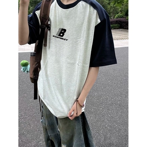 抖音得物高品质二开240克宽松纯棉美式潮牌插肩袖拼接短袖T恤图片