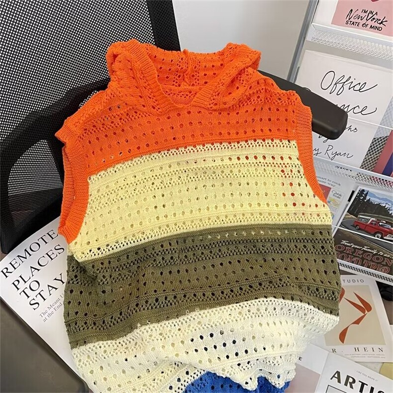 夏季拼接撞色条纹针织坎肩T恤男女镂空轻薄高级连帽无袖背心穿搭，男装背心/马甲，星座1013