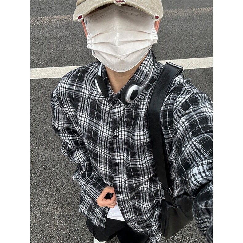 格子翻领长袖衬衫男宽松港风休闲百搭外套大码衬衣CS275-P35,男装衬衫,星座301C-5