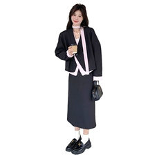 撞色拼接西装半身裙套装女2025春季新款超火ootd穿搭高级感两件套，女装套装/套裙，2D078