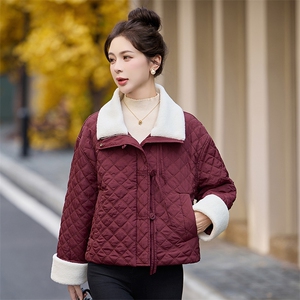 羊羔毛领拼接羽绒棉服女短款2025冬季新款小香风菱格夹棉保暖外套图片