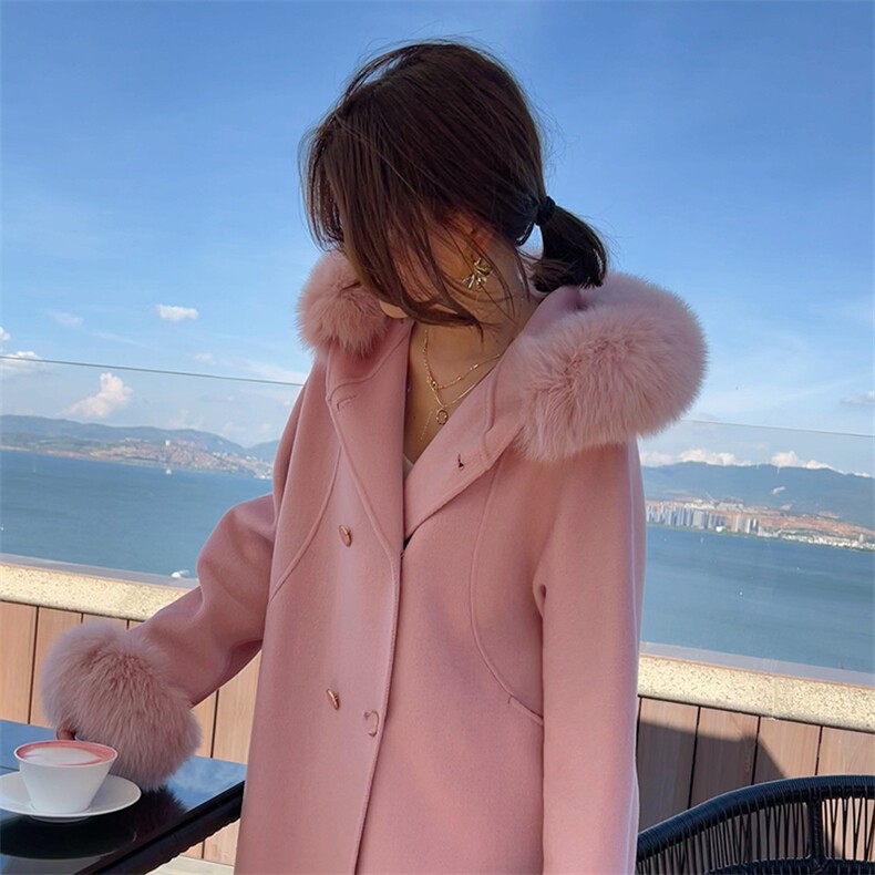可脱卸狐狸毛领奢华气质双面羊绒大衣女小个子短款连帽毛呢外套,女装双面呢大衣,蒙绒特