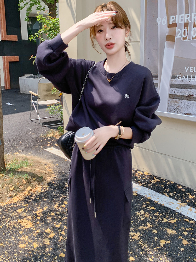 藏青色休闲时尚卫衣套装裙女2025春季新款韩系慵懒风半身裙两件套,女装套装/套裙,C位