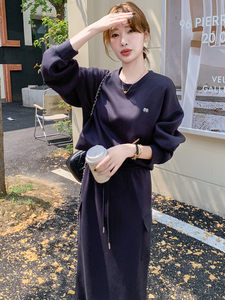 藏青色休闲时尚卫衣套装裙女2025春季新款韩系慵懒风半身裙两件套图片