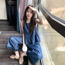 深蓝色复古牛仔套装女2025夏季新款独特漂亮无袖上衣阔腿裤两件套，女装套装/套裙，2C129