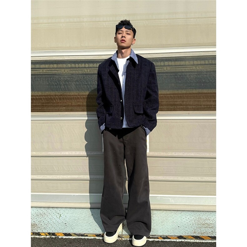 LINYILUCK/小众设计假两件拼接翻领小香风外套男痞帅休闲短款夹克,男装夹克,星座715-4