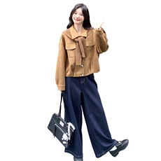 【含披肩】休闲港风短外套女春秋韩系夹克2026新款麂皮绒上衣，女装短外套，2C166