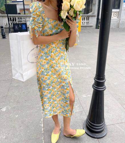 碎花开叉连衣裙，女装连衣裙，MJJ