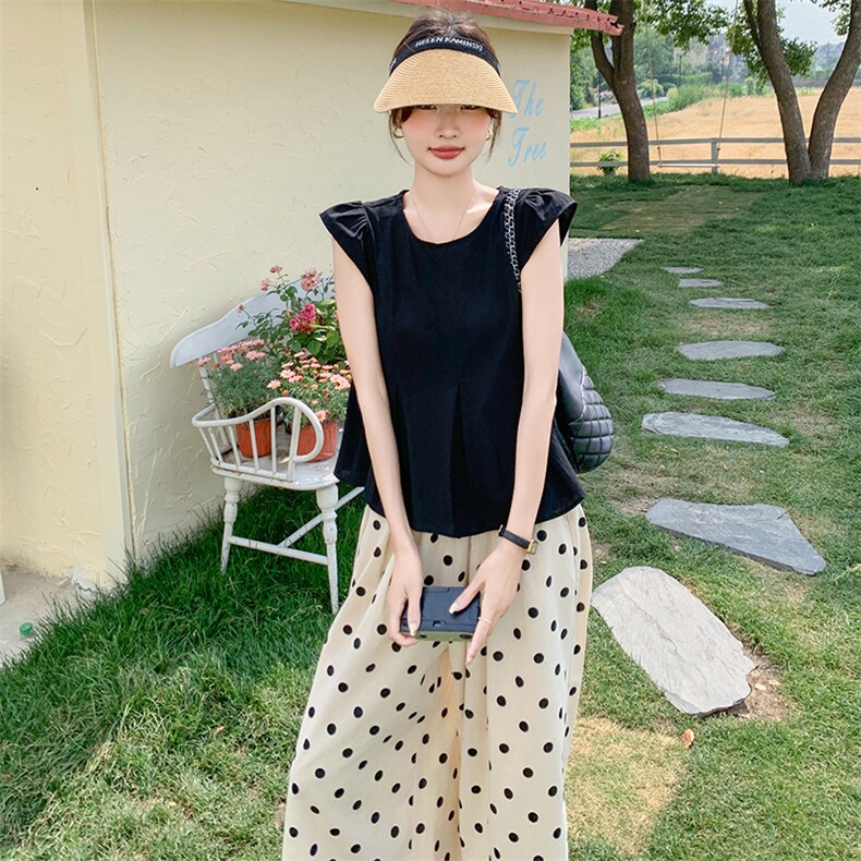 又甜又辣黑色上衣两件套2025新款通勤百搭波点阔腿裤亚麻套装女夏,女装套装/套裙,2C203