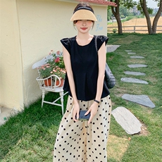 又甜又辣黑色上衣两件套2025新款通勤百搭波点阔腿裤亚麻套装女夏，女装套装/套裙，2C203