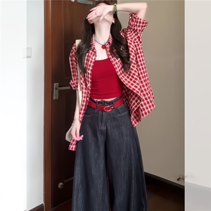 早秋季韩系红色格子防晒长袖衬衫衬衣女2025夏季多巴胺绝美上衣图片
