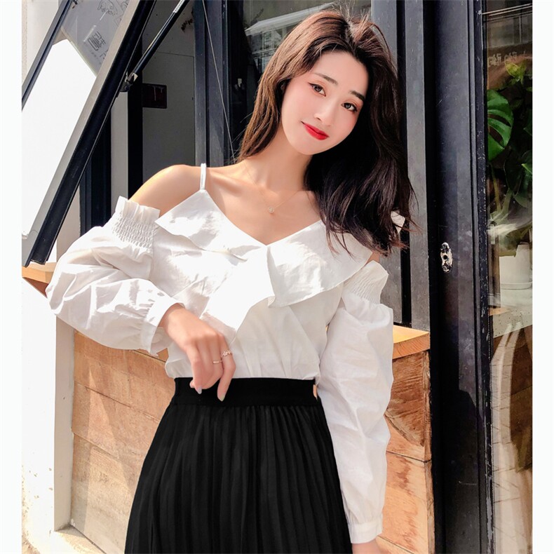 现货2021新款荷叶边不规则衬衫，女装衬衫，沁古纱衣