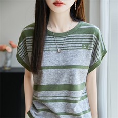 条纹冰丝短袖T恤女夏季2025新款宽松薄款大码女装上衣服爆款女装，女装T恤，斯美雅电商供货