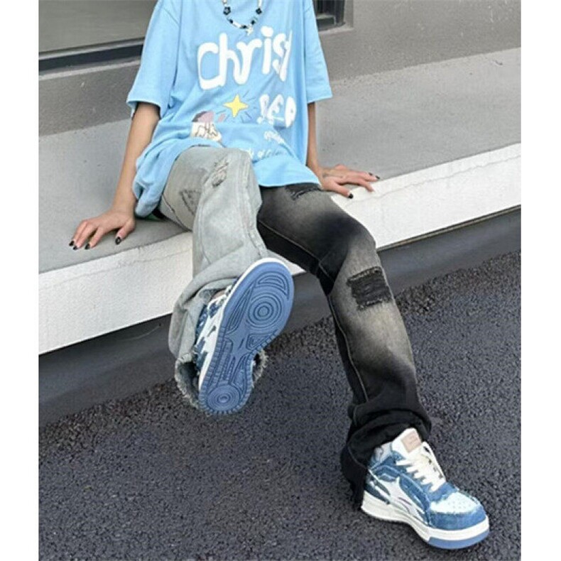 嘻哈设计水洗拼接毛边牛仔裤男女撞色补丁时尚休闲裤NK7015,男装休闲裤,星座1116A（原606A-3）