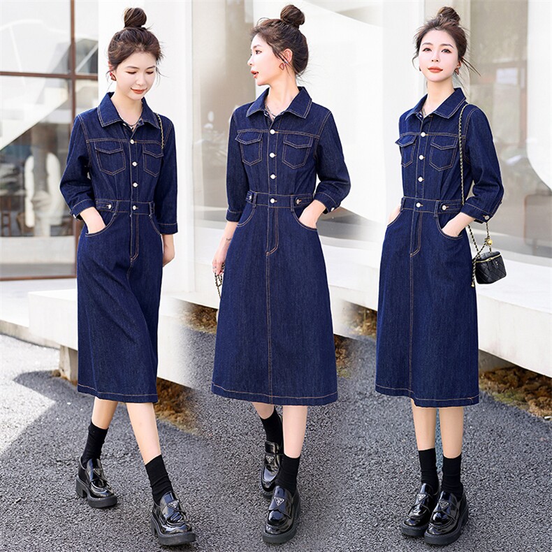 时尚显瘦牛仔连衣裙女长袖气质修身中长款百搭休闲裙，女装连衣裙，秋水欣儿