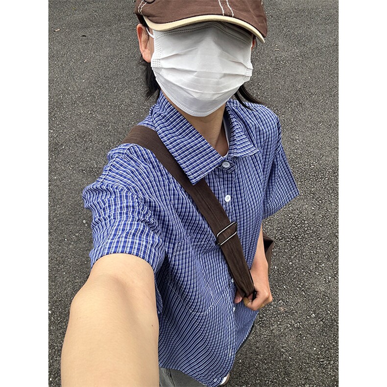 格子衬衫春夏美式短袖衬衫港风情侣装休闲衬衣CS286-P30,男装T恤,星座301C-5