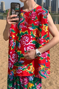 夏季大码东北大花布男背心坎肩运动马甲男装风民族牡丹花MJ01图片