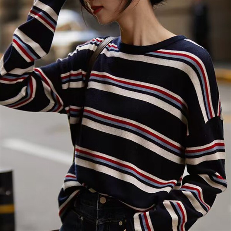 时尚潮流气质百搭女士拼色条纹精纺羊毛衫,针织衫/毛衣,唯若美羊绒